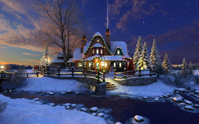 Christmas house decorated lights snow free wallpaper for desktop - medium preview image