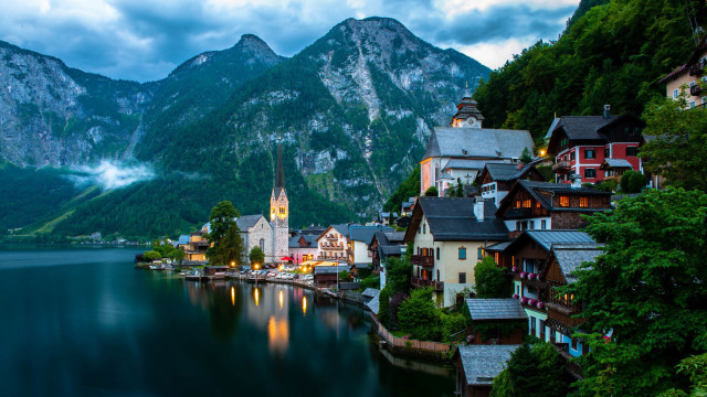 Scenic town lake mountains dusk free wallpaper for desktop - medium preview image