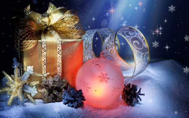 Christmas present lit ball snow free wallpaper for desktop - medium preview image