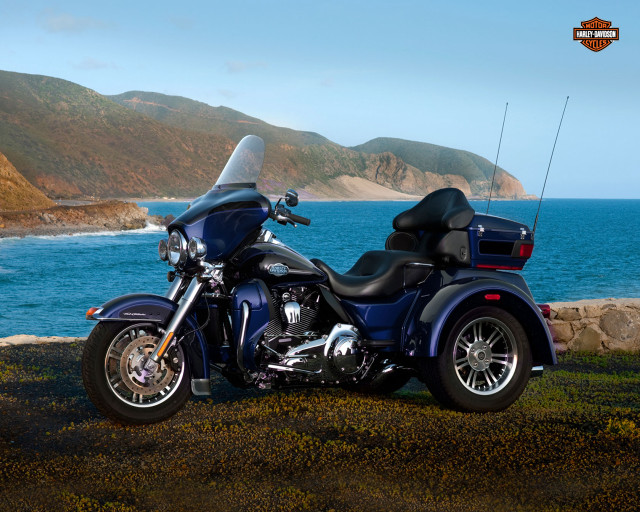 Motorcycle parked ocean mountains blue free wallpaper for desktop - medium preview image