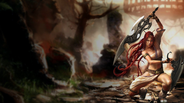 Woman red hair sword forest free wallpaper for desktop - medium preview image