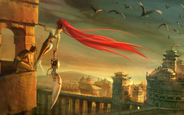 Woman sword balcony birds flying free wallpaper for desktop - medium preview image