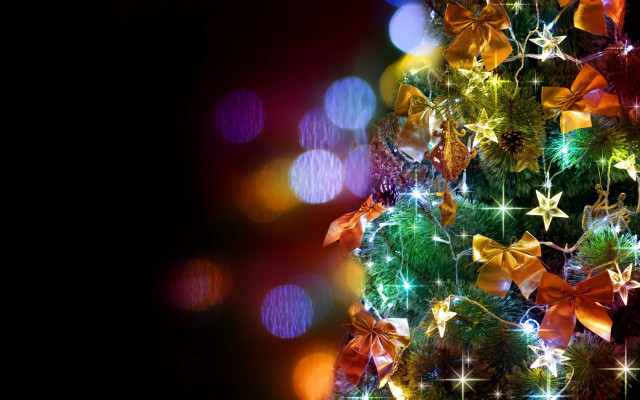 Christmas tree lights bows star free wallpaper for desktop - medium preview image
