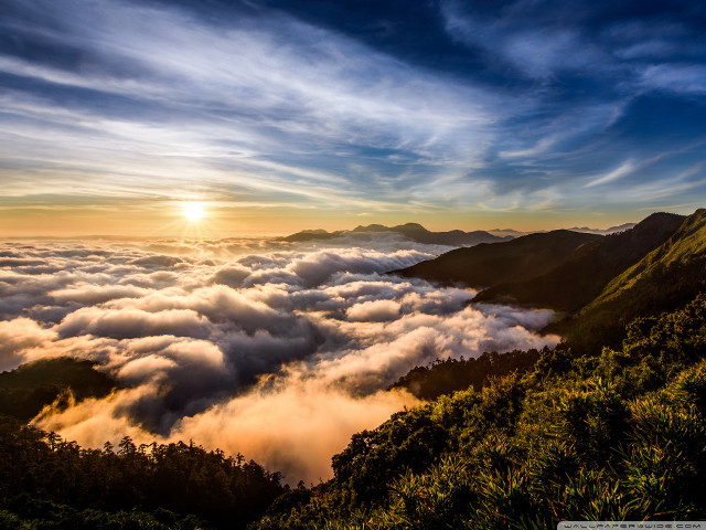 Mountain sun clouds trees view free wallpaper for desktop - medium preview image