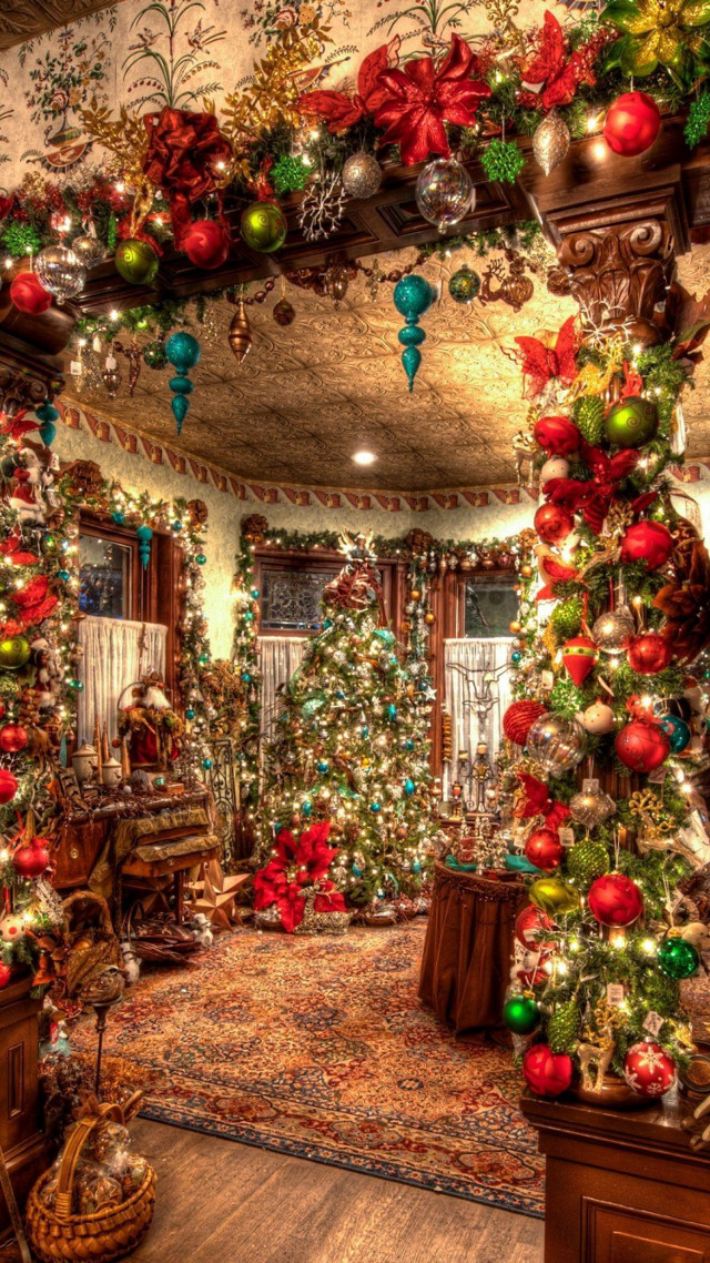 Christmas tree decorated ornaments lights free wallpaper for mobile - medium preview image