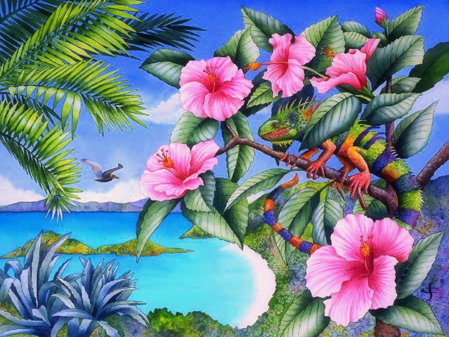 Tropical scene flowers bird flying free wallpaper for desktop - medium preview image