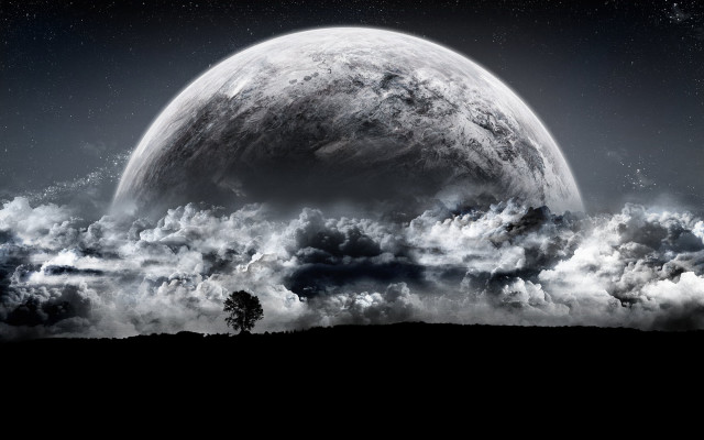 Large moon clouds trees sky free wallpaper for desktop - medium preview image