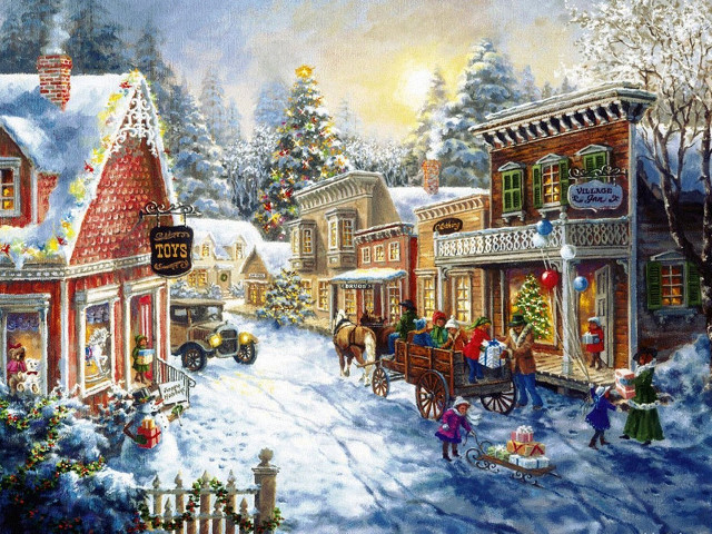 Christmas town horse carriage snow free wallpaper for desktop - medium preview image