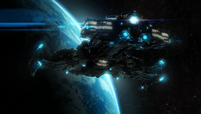 Spaceship floating over planet with free wallpaper for desktop - medium preview image