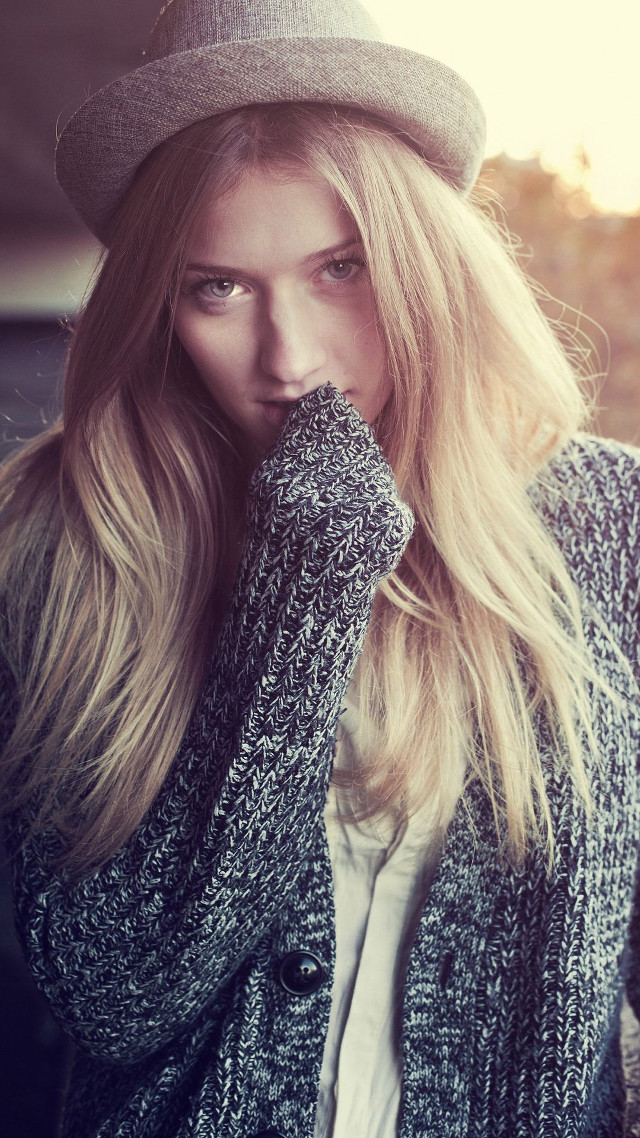 Woman blonde hair hat sweater free wallpaper for mobile - medium preview image