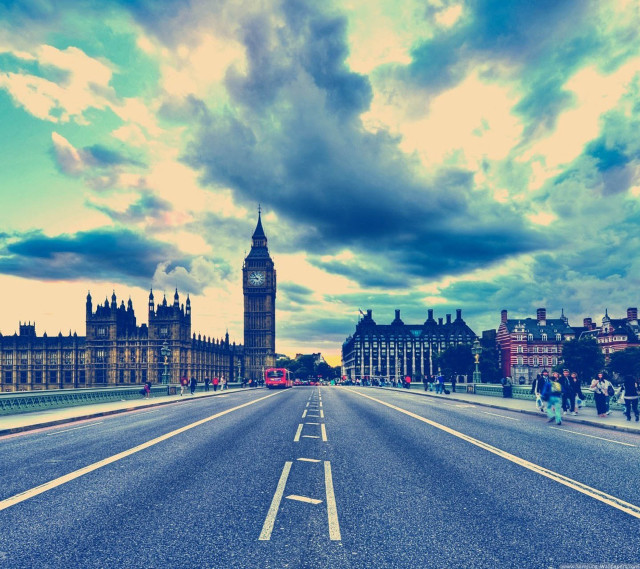 Clock tower street sidewalk dusk free wallpaper for tablet - medium preview image
