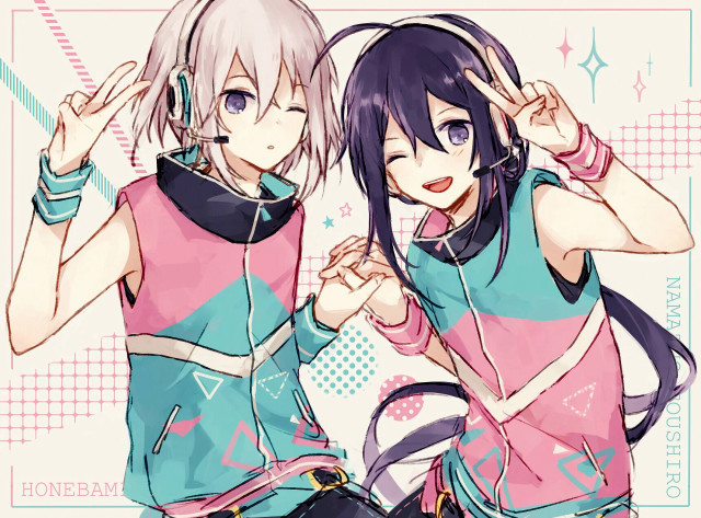 Anime girls headphones pointing side free wallpaper for desktop - medium preview image