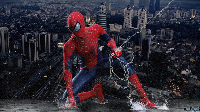 Spider man jumping cityscape lightning free wallpaper for desktop - medium preview image