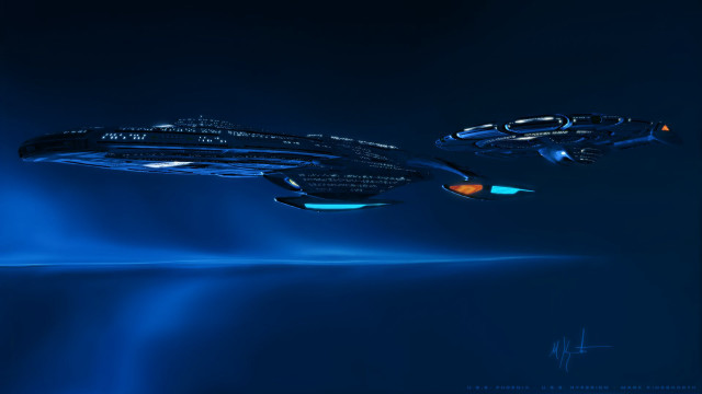 Futuristic ship floating blue background free wallpaper for desktop - medium preview image