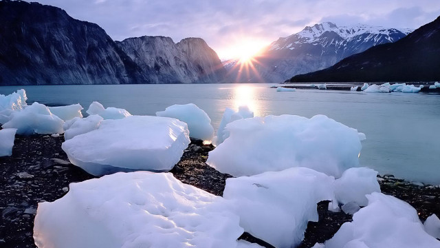 Lake ice chunks mountains sunset free wallpaper for desktop - medium preview image