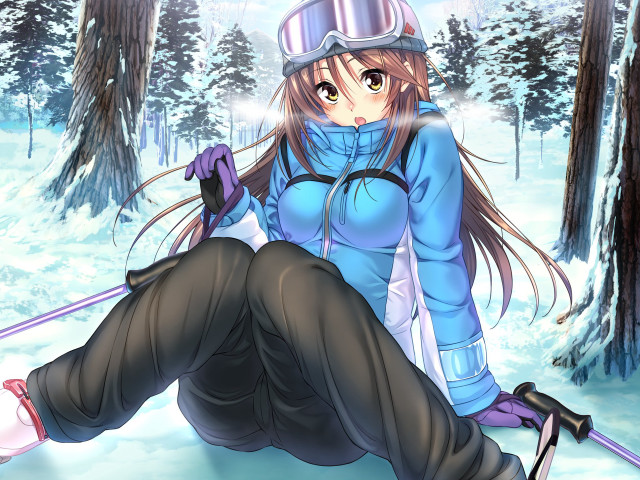 Woman sitting snow skis hat free wallpaper for desktop - medium preview image