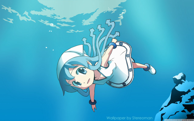 Cartoon girl floating water suitcase free wallpaper for desktop - medium preview image