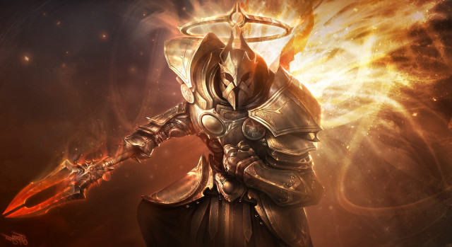 Man armor sword flame background free wallpaper for desktop - medium preview image