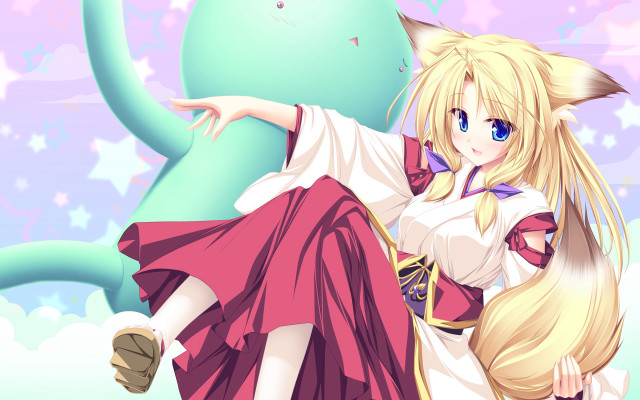 Blonde girl anime fox ears free wallpaper for desktop - medium preview image