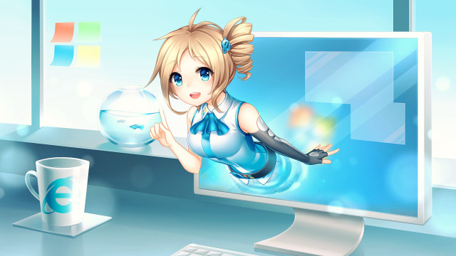 Cartoon girl holding fish computer free wallpaper for desktop - medium preview image