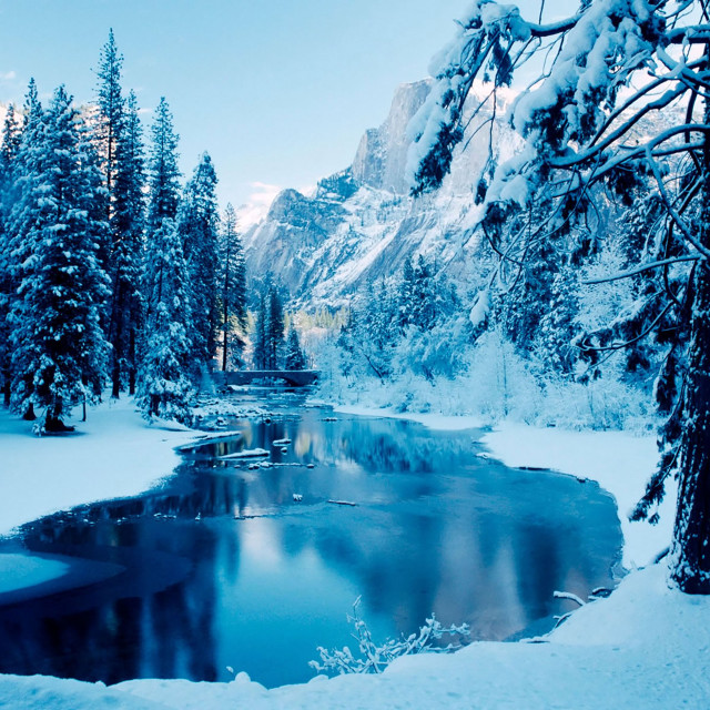 Snowy landscape river trees mountain free wallpaper for tablet - medium preview image
