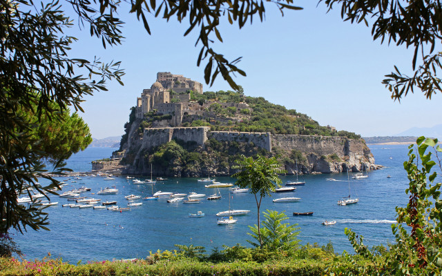 Small island castle boats trees free wallpaper for desktop - medium preview image