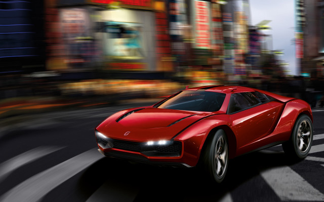 Red sports car city night free wallpaper for desktop - medium preview image