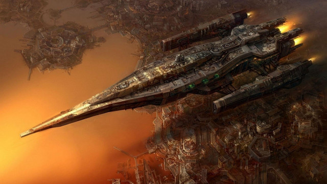 Futuristic ship floating buildings smoke free wallpaper for desktop - medium preview image