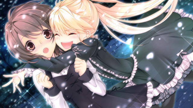 Anime girls hugging snow falling free wallpaper for desktop - medium preview image