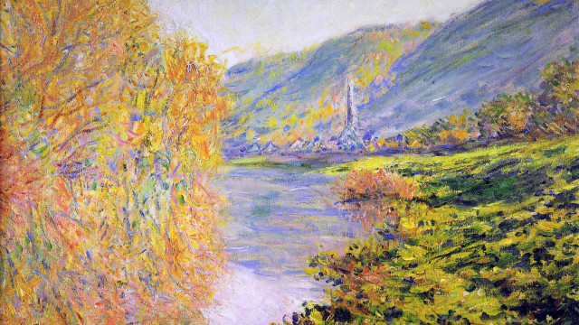 River boat trees mountain painting free wallpaper for desktop - medium preview image