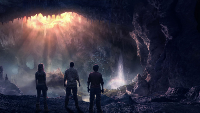 Three people cave light entrance free wallpaper for desktop - medium preview image