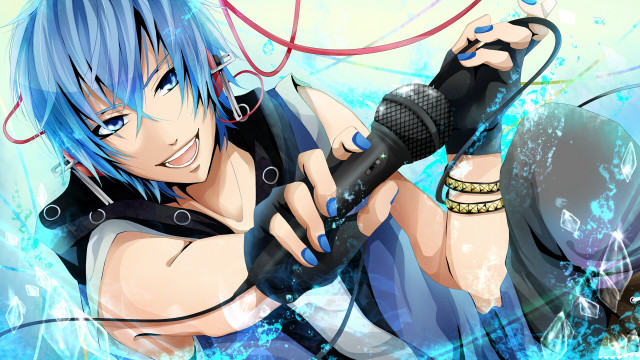 Blue haired woman microphone anime free wallpaper for desktop - medium preview image
