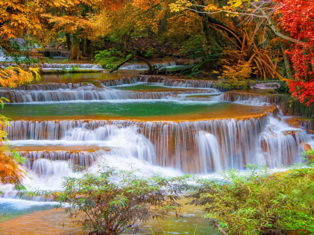 Waterfall forest autumn river bridge free wallpaper for desktop - medium preview image