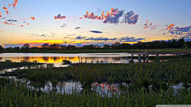 Sunset lake bridge clouds grassy free wallpaper for desktop - medium preview image