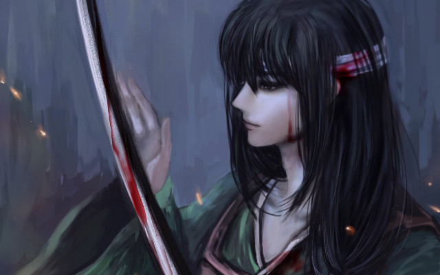 Woman sword green dress red free wallpaper for desktop - medium preview image