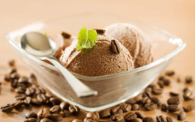 Bowl icecream coffeebeans spoon table free wallpaper for desktop - medium preview image