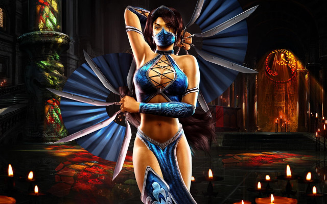 Woman blue bikini knives mask free wallpaper for desktop - medium preview image