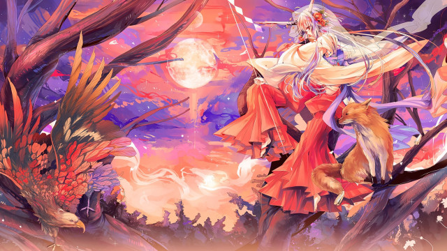 Woman red dress forest fox free wallpaper for desktop - medium preview image