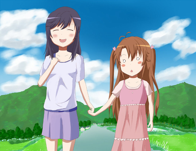 Girls holding hands countryside blue free wallpaper for desktop - medium preview image