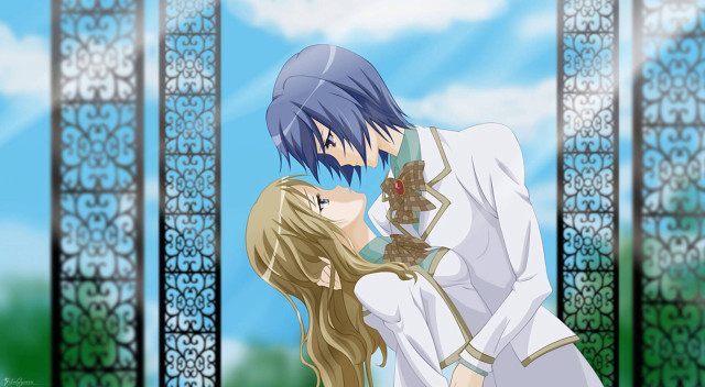 Anime couple kissing gate sky free wallpaper for desktop - medium preview image