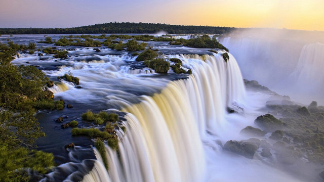 Waterfall sunset trees flowing nature free wallpaper for desktop - medium preview image