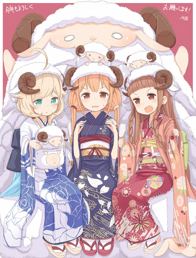 Three girls japanese clothing dog free wallpaper for mobile - medium preview image