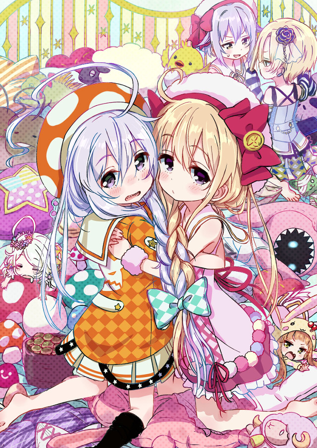 Anime girls hugging mushroom background free wallpaper for mobile - medium preview image