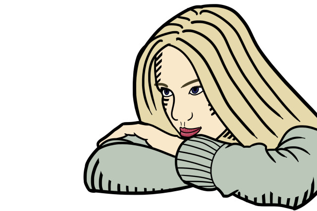 Blonde woman sweater serious looking free wallpaper for desktop - medium preview image