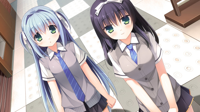 Anime girls blue hair checkered free wallpaper for desktop - medium preview image