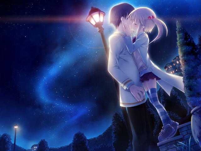 Couple kissing streetlight night stars free wallpaper for desktop - medium preview image