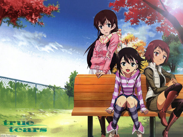 Anime girls bench park trees free wallpaper for desktop - medium preview image