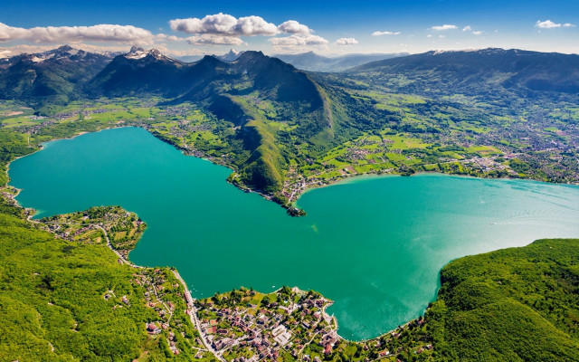 Lake mountains grass valley town free wallpaper for desktop - medium preview image