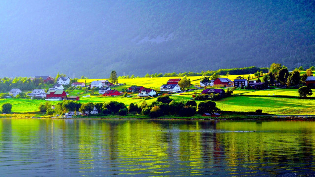 Small village green hillside lake free wallpaper for desktop - medium preview image