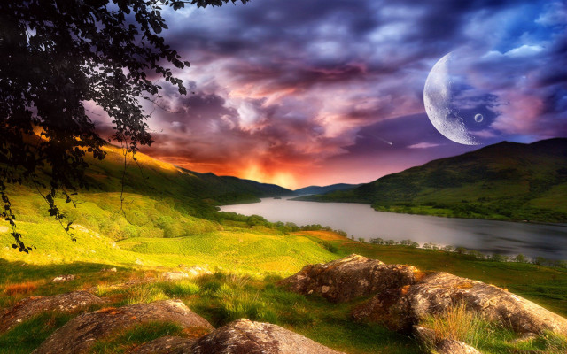 Sunset lake mountains moon rocks free wallpaper for desktop - medium preview image
